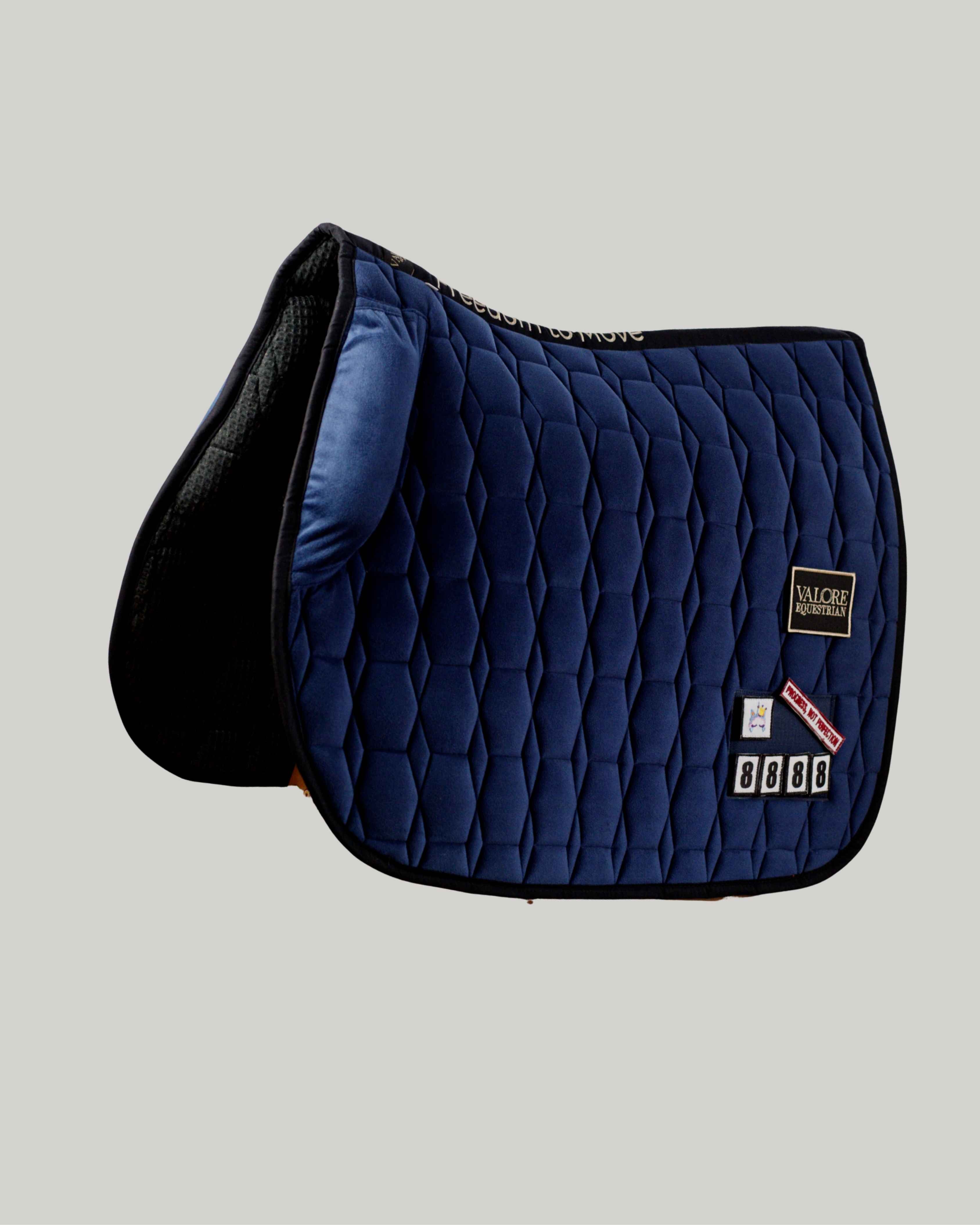 Deep Navy Velvet Valore Jumping Wither Relief Saddle Pad – Anatomical Saddle Pad with Velcro Show Numbers