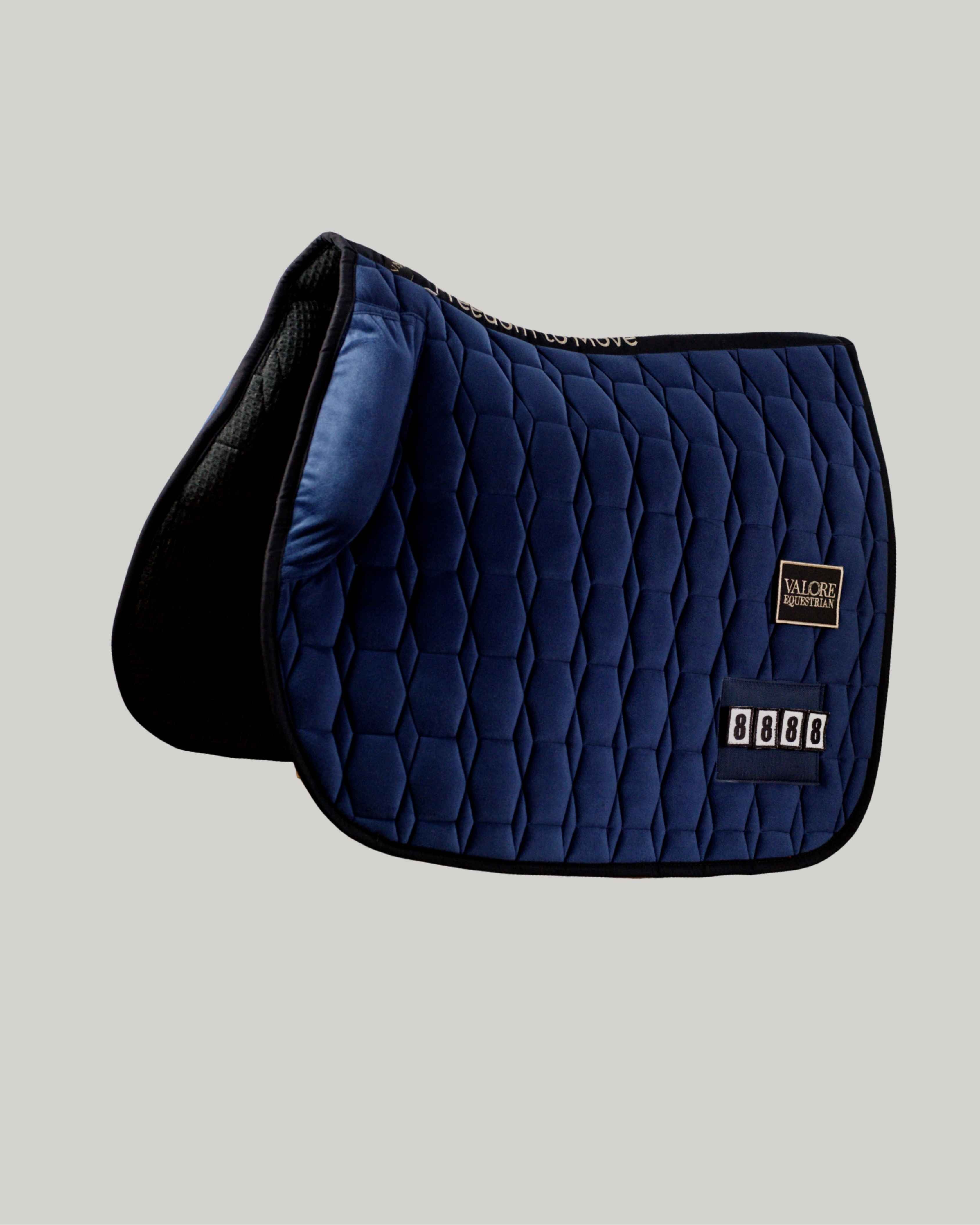 Deep Navy Velvet Valore Jumping Wither Relief Saddle Pad – Anatomical Saddle Pad with Velcro Show Numbers
