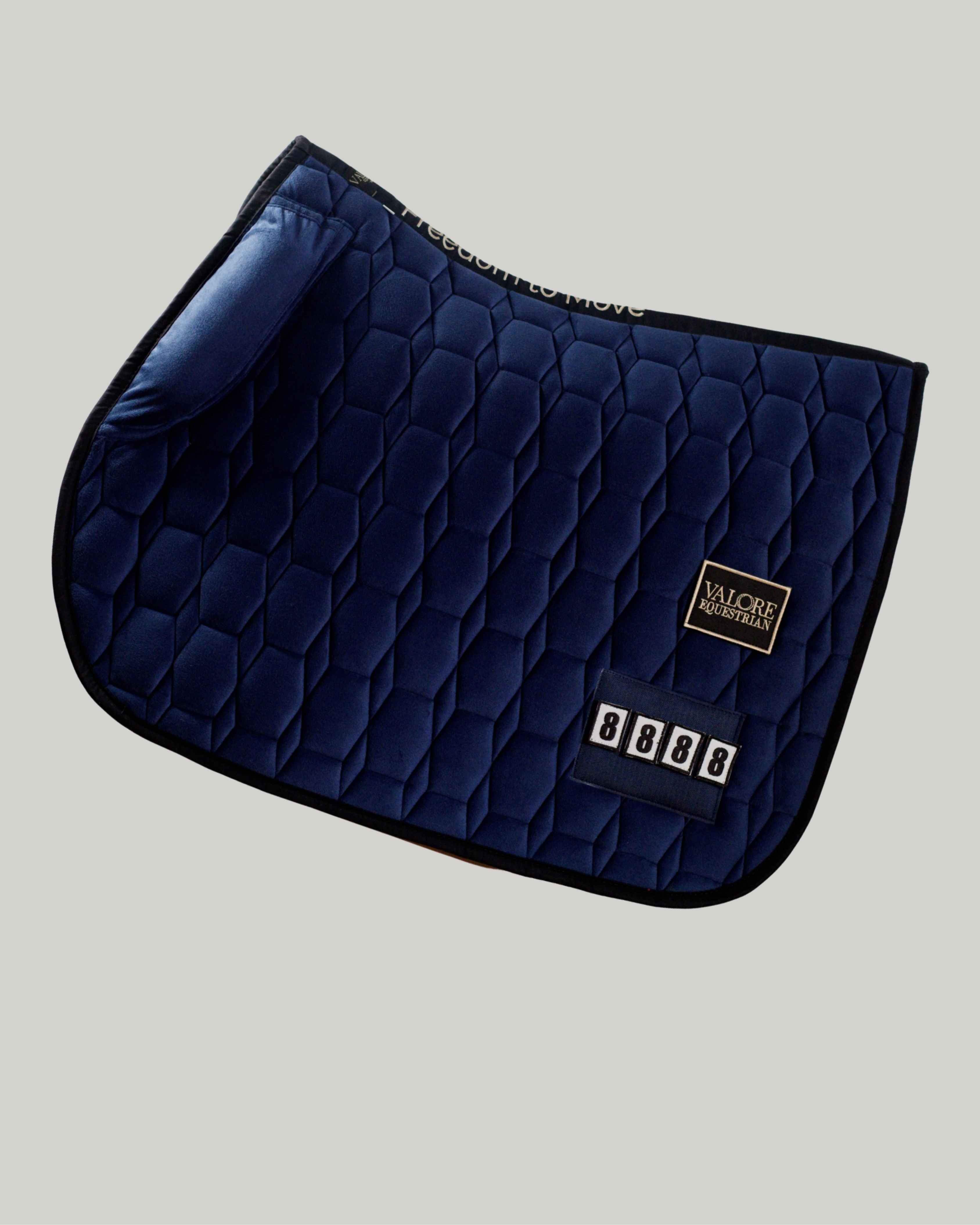 Deep Navy Velvet Valore Jumping Wither Relief Saddle Pad – Anatomical Saddle Pad with Velcro Show Numbers